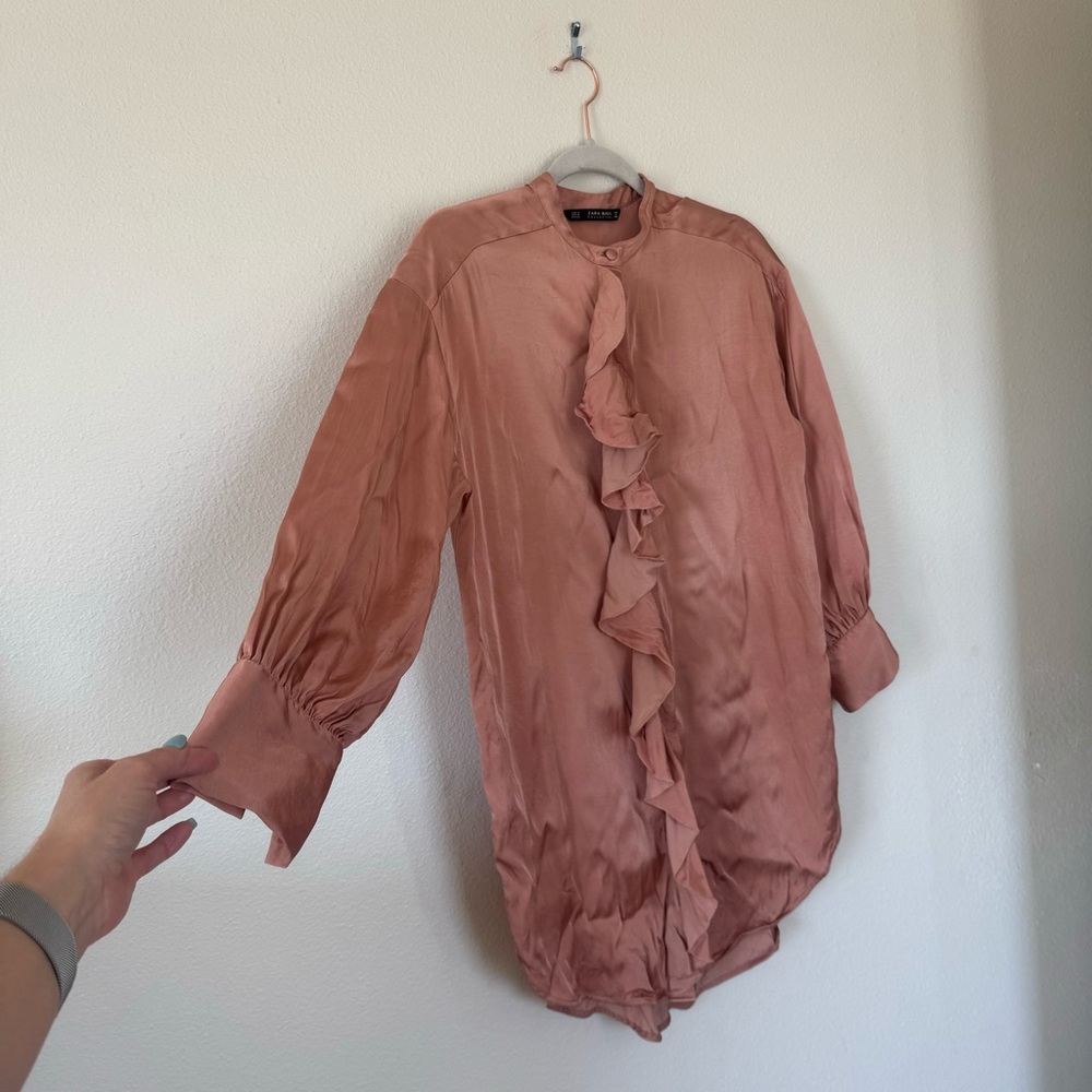 Zara Collection Rose Gold Blush Copper Ruffled Satin Shirt Dress Oversized M - Picture 4 of 11
